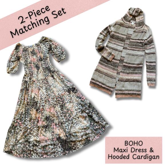 2 Piece MATCHING Boho Fairy Maxi Mesh Prairie Dress Hooded Cardigan Fall Winter - Picture 1 of 13